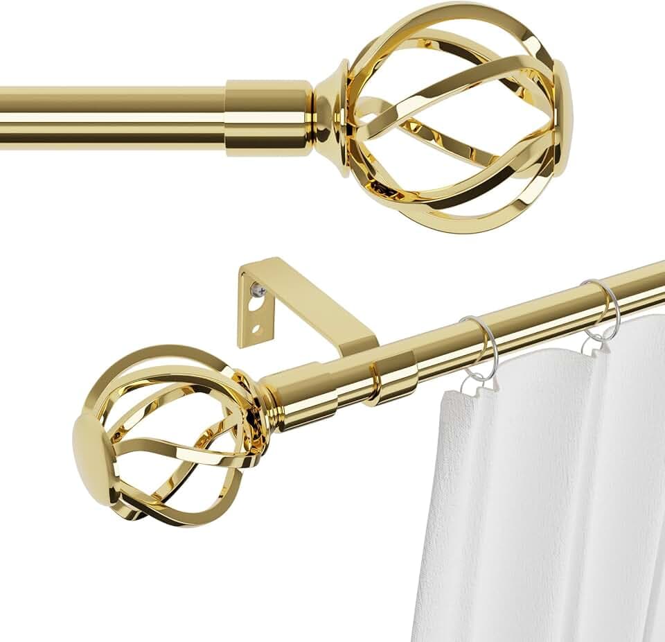 Gardinenstange Gold 300 cm Lang mit Gedrehten Käfigendstücken, Wandmontage Messing Gardinenstangen Set, Metall 16mm Gardinenstange 3m für Outdoor Wetterfest