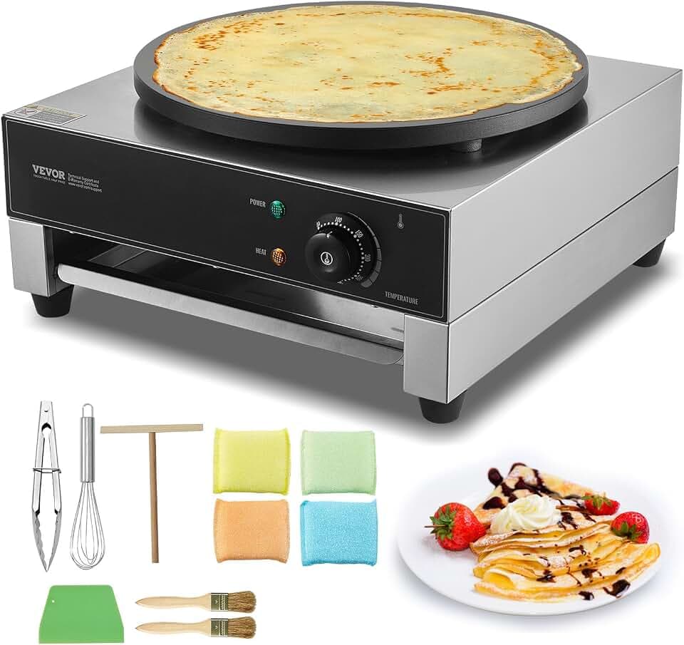 VEVOR elektrischer Crepemaker Crepe-Maschine 3000 W flache Crepe-Grillplatte 40 cm, antihaftbeschichteter fannkuchenherd aus Edelstahl, runder Cerealien-Pfannkuchenherd, Temperaturregelung