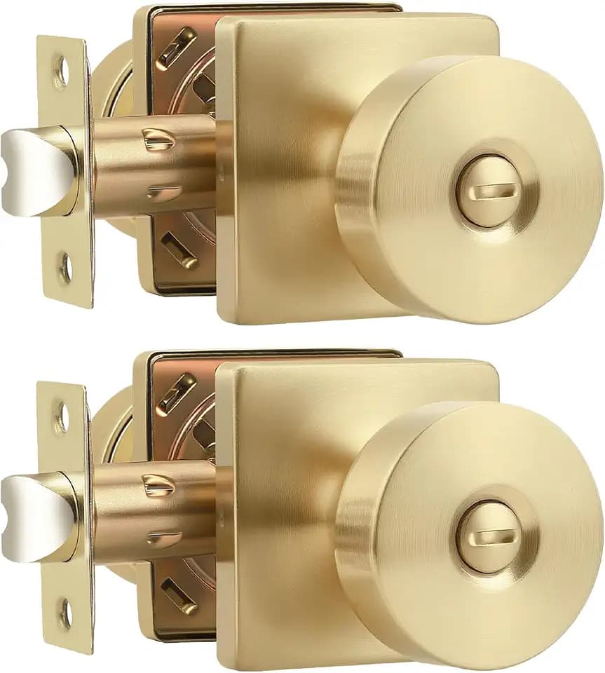 Probrico Bedroom Door Knob Brushed Gold Finish, 2 Pack Standard Size Interior Door Handles with Privacy Locking Function, Square Panel Knob for Bathroom