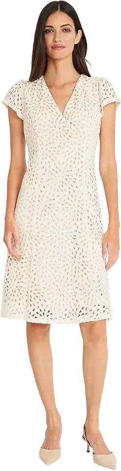 Maggy London Women's V-Neck Floral Laser Cut Fit and Flare Dress | Knee Length Dress for Women