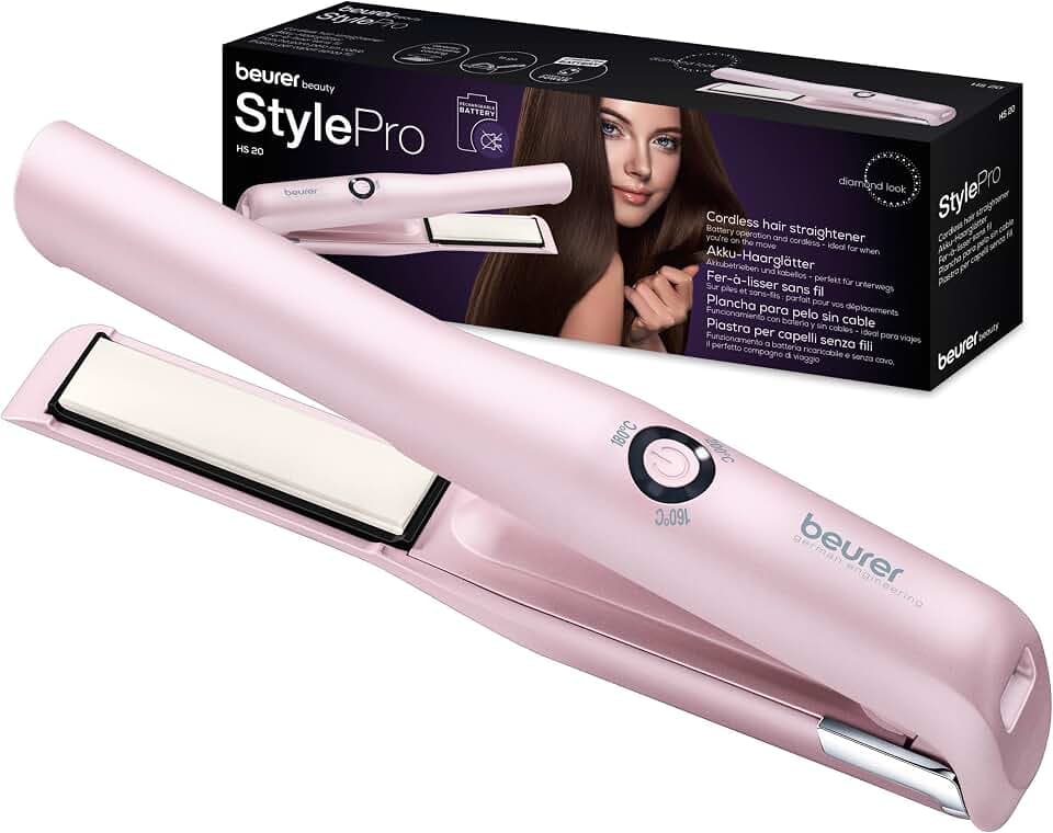 Beurer HS 20 Akku-Haarglätter mit USB-Aufladung, ideal für unterwegs, Reiseglätteisen, drei Temperaturstufen und Schnellheizung , rosa