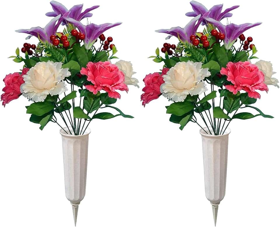 Artificial Memorial Flowers with Vase: Exquisite Gravestone Decor for Memorial Day (2)