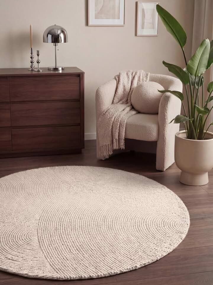 Hanse Home Wollteppich Calmio - Natur Wohnzimmerteppich Rund - Handgetuftet - Hygge Skandi, Boho Teppich Wolle für Wohnzimmer, Schlafzimmer, Esszimmer, Flur - Natur Weiß, Ø120cm