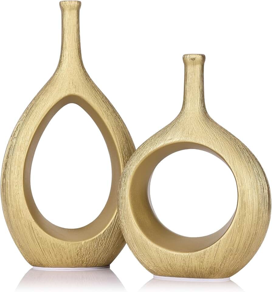 LCCCK Matte Gold Ceramic Vase Set of 2 - Ribbed Hollow Aesthetic Decorative Vase, Modern Farmhouse Table Centerpiece, Boho Gold Vases for Flower Decor and Home Living