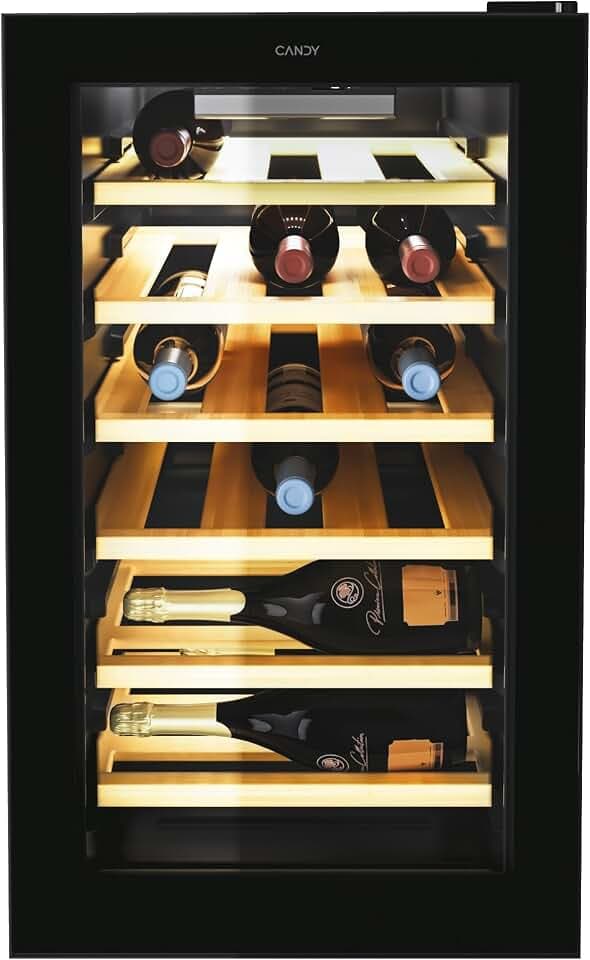 CANDY DiVino Weinregal, 21 Flaschen mit Glastür, 6 + 1 Weinregal, elektronische Steuerung, H×B×B 70 × 54,5 × 40 cm, Schwarz – CWCEL 210/NF