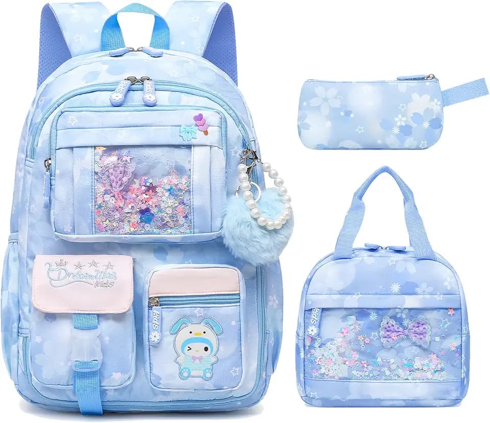 Lovely Girls Backpack School Bag for Students Kids Book Bag with Multiple Pockets Splash-proof Children's Backpack（17inch Set Blue）
