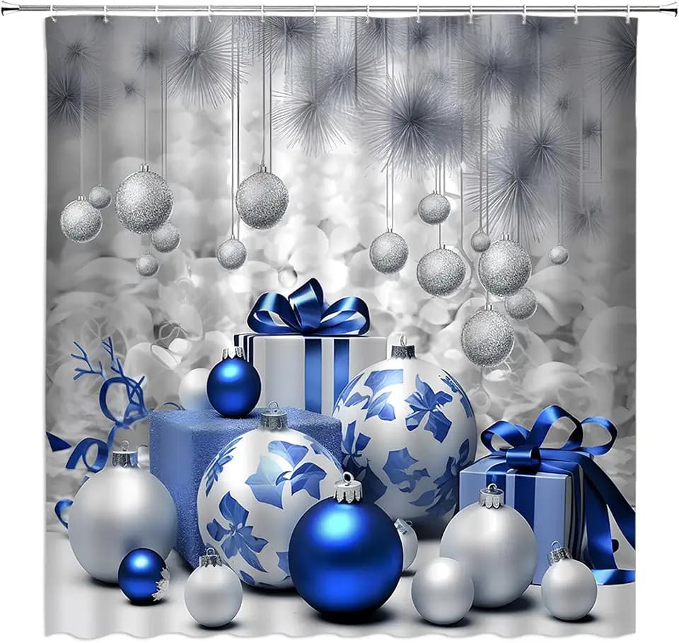 Christmas Shower Curtain Blue Xmas Balls Silver Pine Branches Star Fantasy Winter Holiday Happy New Year Bathroom Decor Curtain with Hooks,70" W x 70"