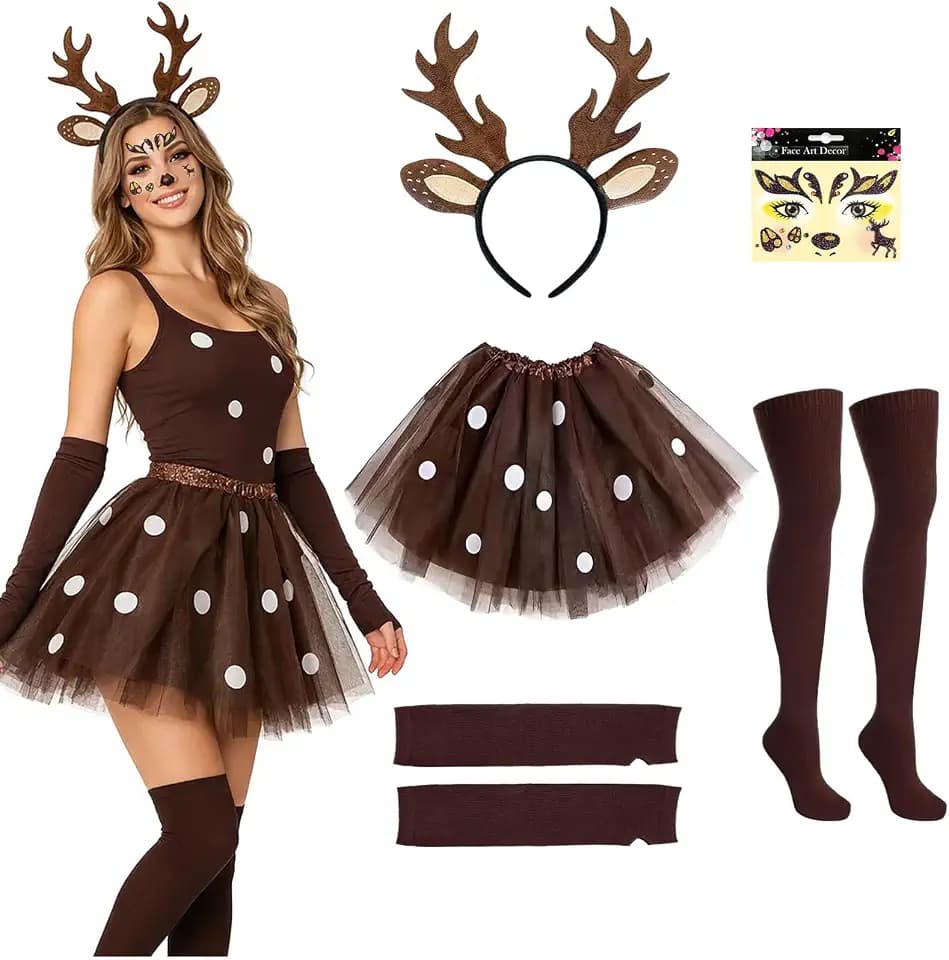 Reh Kostüm Damen, Rentier Kostüm, Faschingskostüme Damen, Reh Geweih Haarreifen mit Rentier Ohren, Tutu Rock, Fingerlose Handschuhe, Socken, Rehface Tattoo, für Karneval Fasching Mottoparty Cosplay