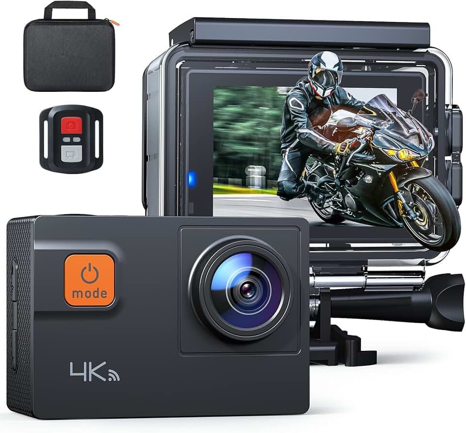 Action Cam 4K / 60fps 20MP WiFi Fernbedienung Unterwasserkamera wasserdicht 40M Action Kamera 8XZoom Kamera 170 Grad Weitwinkel 2x1050mAh Batterien und Zubehör