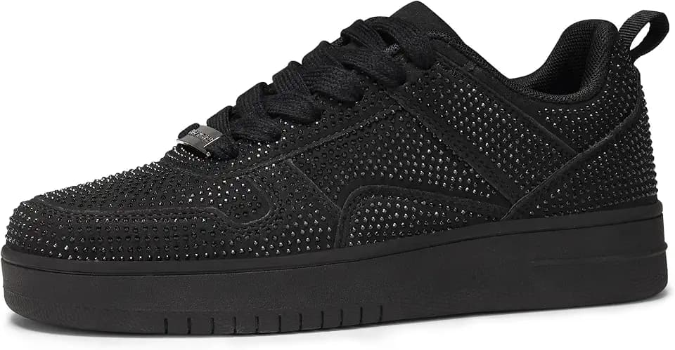 LUCKY STEP Damen-Sneaker mit Glitzernden Strasssteinen, Leder Low-Top Sneaker zum Schnüren, Lässige, Bequeme Walkingschuhe
