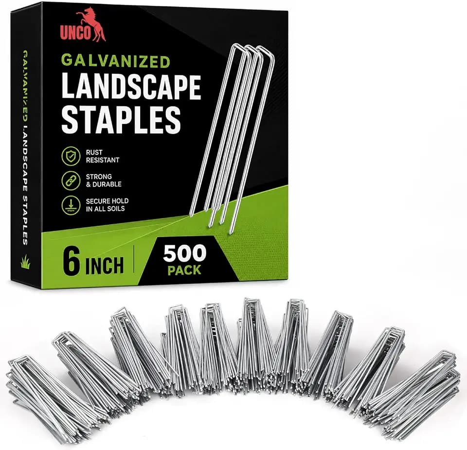 UNCO- Galvanized Landscape Staples, 6 Inch, 500 Pack, Garden Staples, U-Shaped Landscape Pins for Weed Barrier Cover, Ground Cover