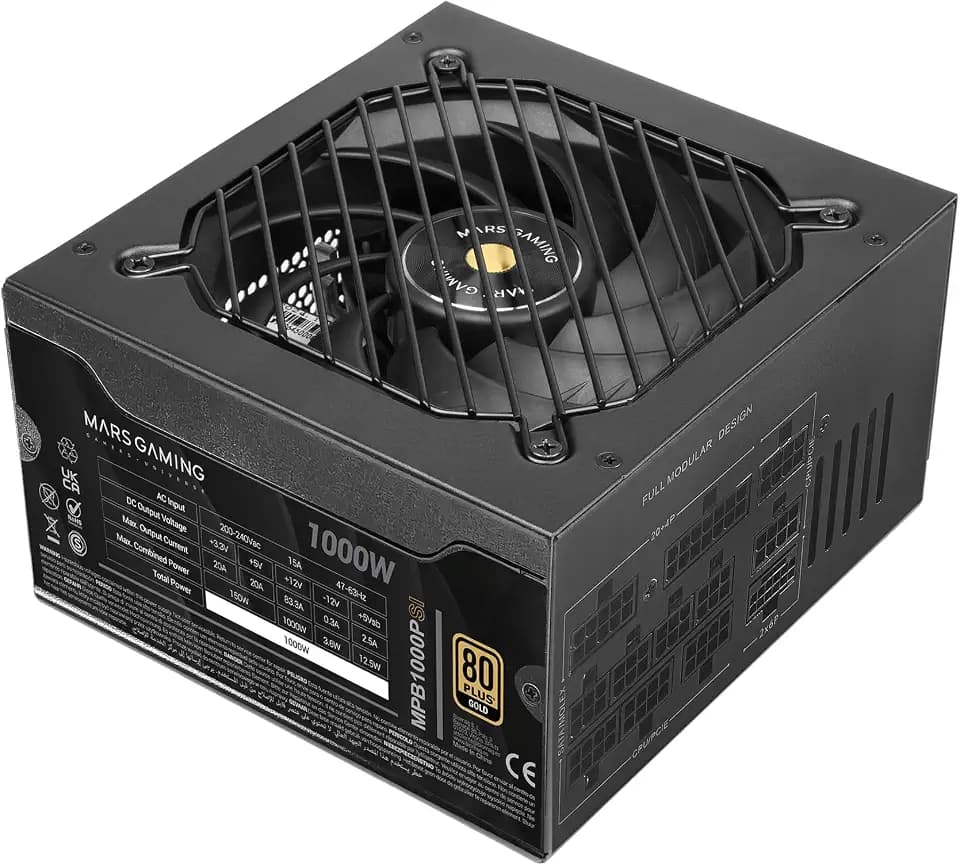 MARS GAMING MPB1000PSI, Vollmodulares ATX-Netzteil 1000W, 10 Jahre Garantie, 80Plus Gold 90%, SI-Lüfter 140mm, AI2-RPM, DC-DC und SMD Technologien, ATX 3.1 und PCIe 5.1 mit 12V 2x6 Anschluss, Schwarz