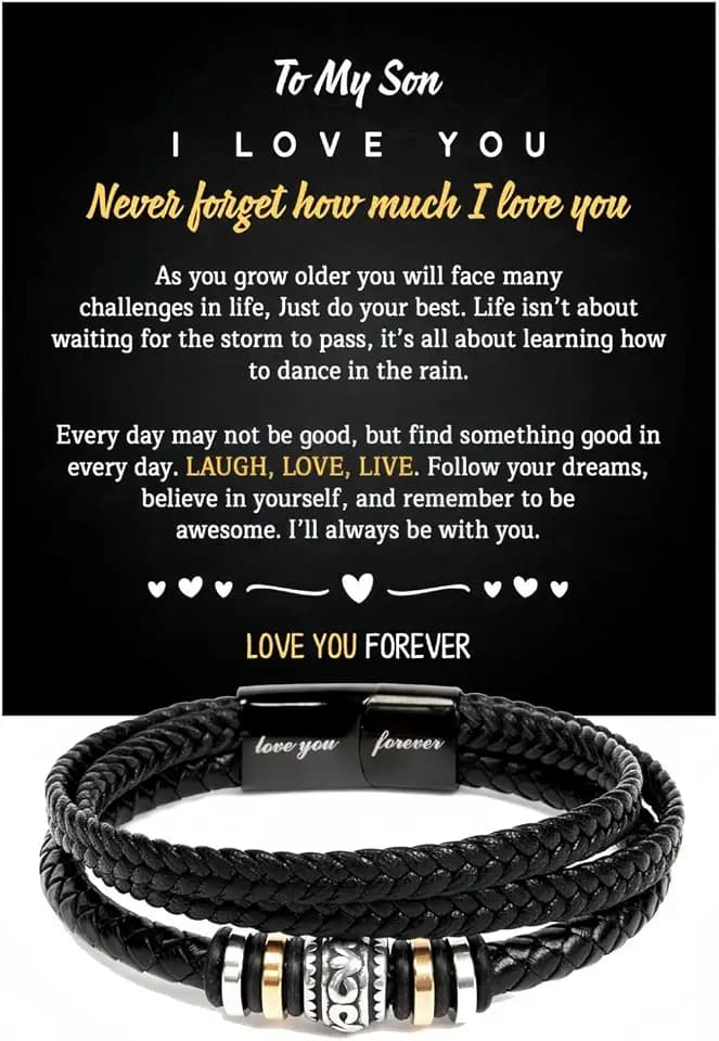 Men's Black Braided Leather Bracelet, Engraved "Love You Forever" 8.3in