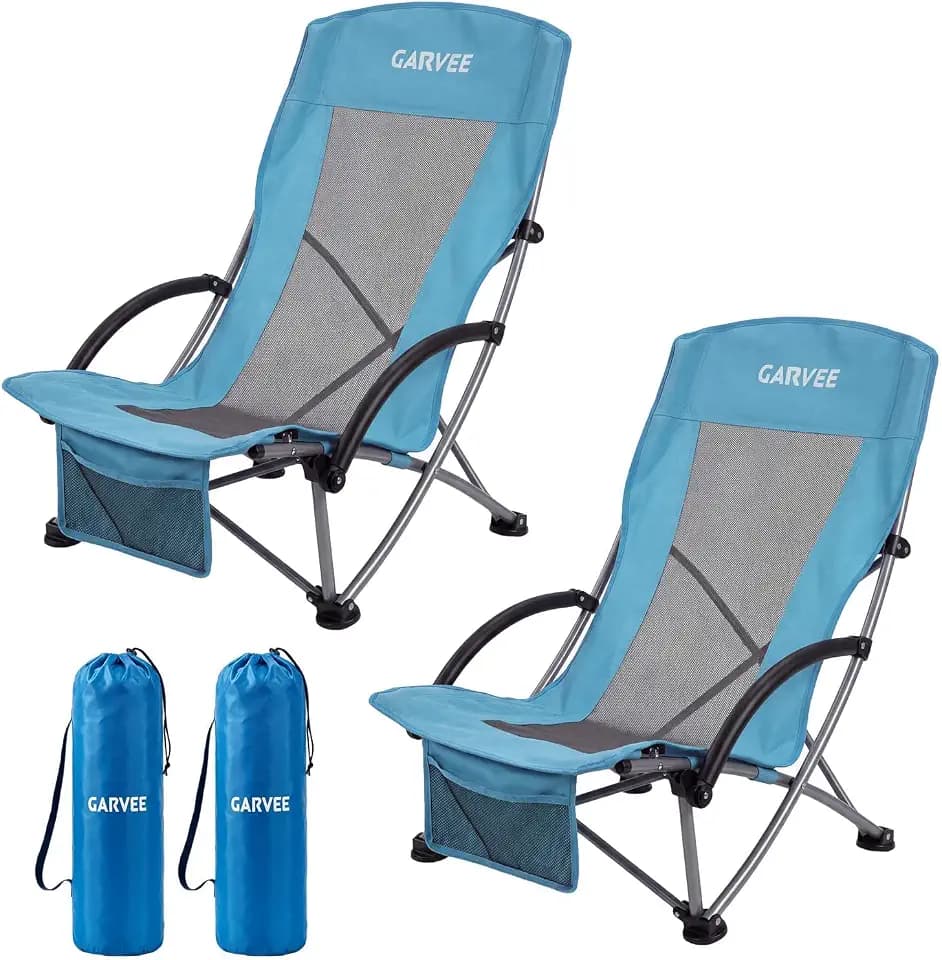 Garvee Strandstuhl, faltbar, leicht, atmungsaktive Netz-Rückenlehne und gepolsterte Armlehnen, Stahlgestell 150 kg, Getränkehalter und Handytasche, ideal für Camping, Garten (2 Stück)