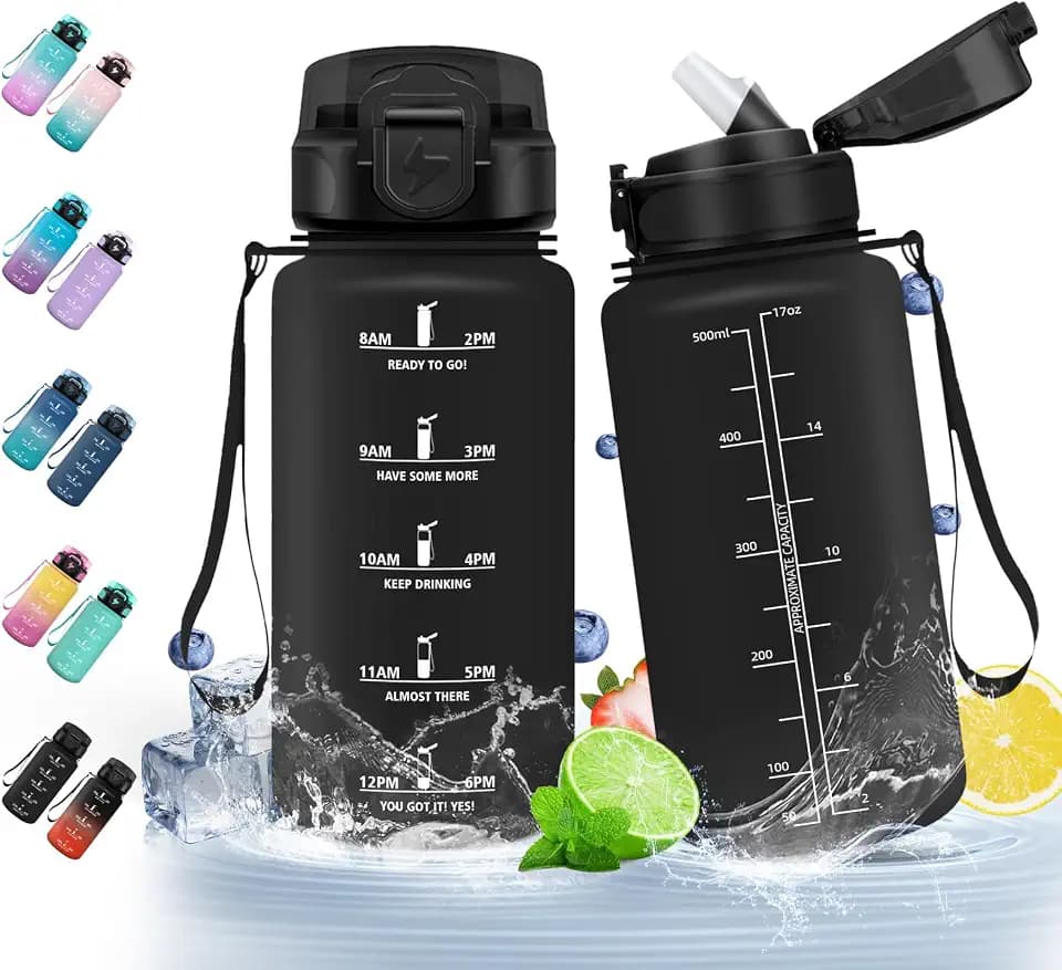 HoneyHolly Trinkflasche Sport 500ml, Auslaufsicher, Wasserflasche BPA-Frei, Motivierende mit Zeitmarkierung, Trinkflasche mit Strohhalm, Sportflasche, für Kinder, Schule, Fahrrad