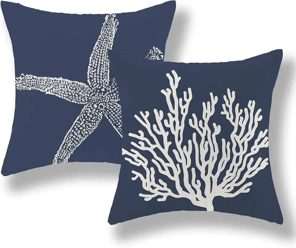 Blue Starfish Pillow Covers 18x18 Inch Set of 2, Nautical Ocean Coastal Blue Coral Throw Pillows Spring Summer Decorations Linen Pillowcase Outdoor Decor Farmhouse Cushion Case for Home Holiday