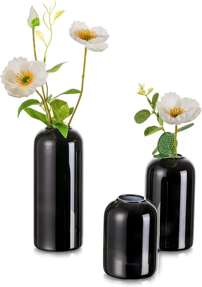 Hewory Glass Black Modern Vase, Set of 3 - Small Round Bud Vases for Flowers, Wedding Party Events Home Decor Floral Arrangements