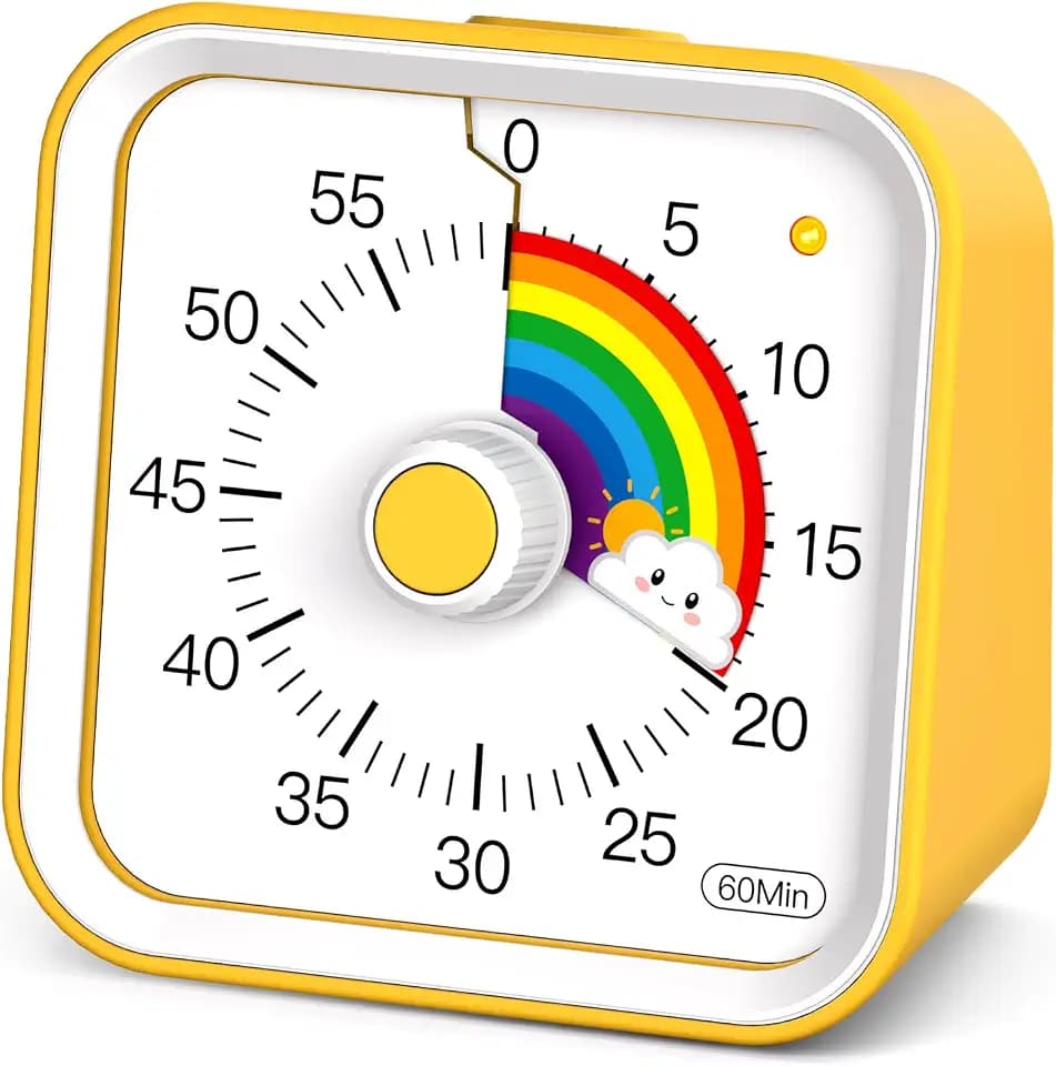 Visueller Timer Kinder mit Pausenfunktion, 60 Minuten Countdown Regenbogen Timer für Kinder Schreibtischstudie, Klassenzimmer, Büro, Küche, Leises Zeitmanagement für ADHS (Gelb Regenbogen)
