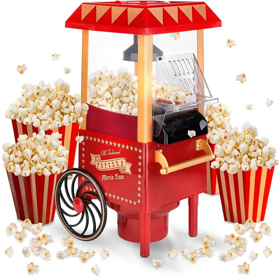 NK Popcornmaschine Retro 1.200W Heißluft – Popcorn Maker Ohne Öl, 0.3L Klein und Kompakt, Schnelle Zubereitung in 2 Min, Für Zuhause, Vintage Design (Rot)