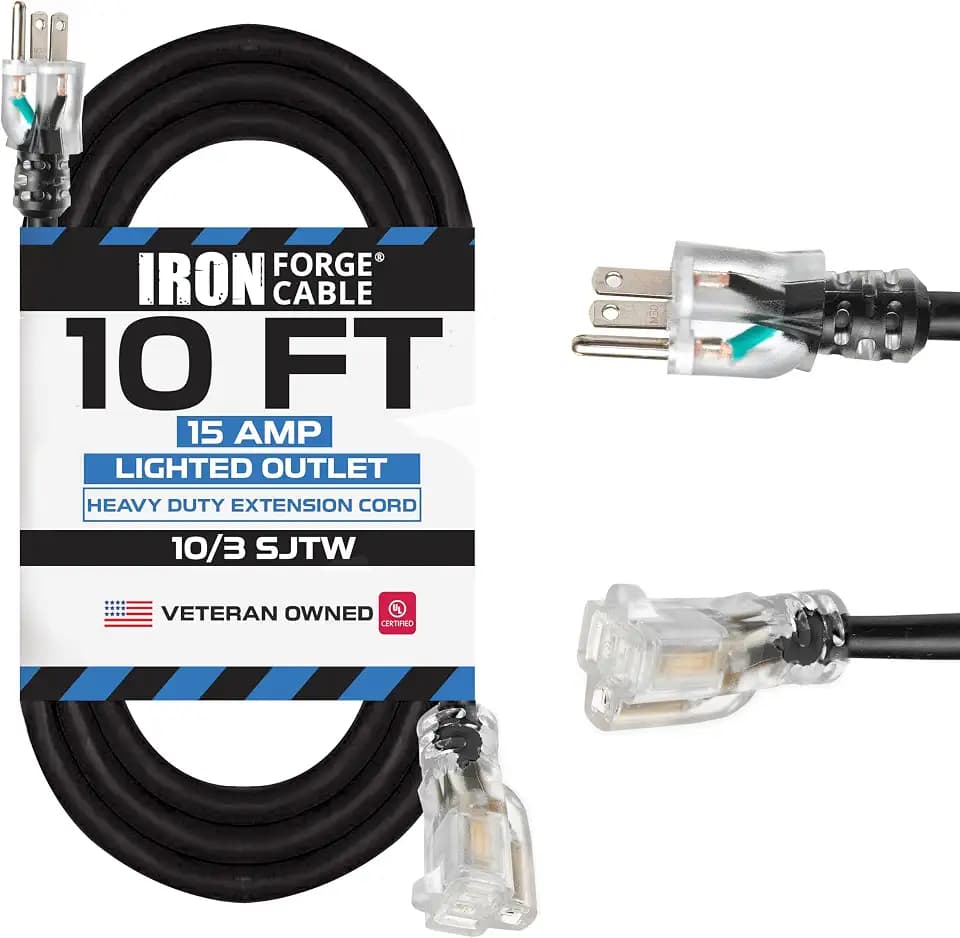 Iron Forge Cable 10 Gauge Extension Cord Heavy Duty, 10 Ft - Black SJTW