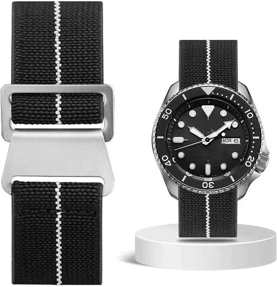 French Troops Paratrooper Watch Band Premium Elastic Ribbed Nylon Military Ballistic Watch Strap 18mm 20mm 22mm 24mm Replacement Band for Men Women,Hook-and-Loop Silver & Black Buckle