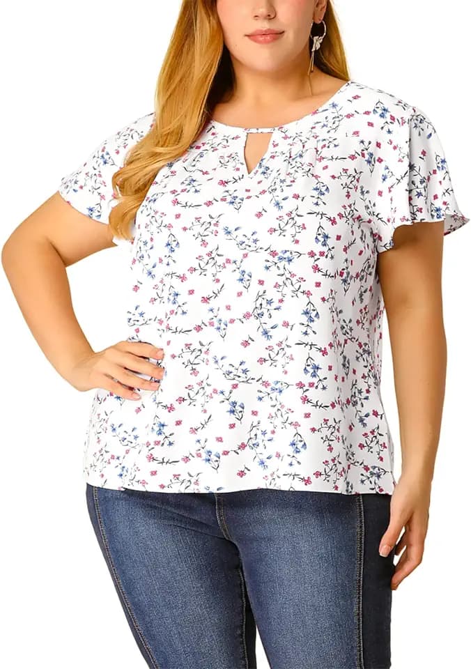 Agnes Orinda Women Plus Size Summer Chiffon Ruffle Keyhole Blouses