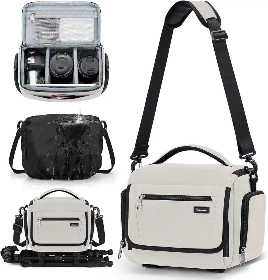RAINSMORE Waterproof Camera Bag with Tripod Holder for Canon, Sony, Nikon, and Fujifilm – Small Sling Camera Case for Photographers, Beige