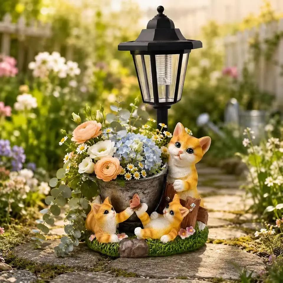 Solar Cat Outdoor Statue with Planter & Solar Lantern, Waterproof Resin Garden Sculpture Figurine, Yard Lawn Patio Balcony Porch Decor Gift for Women Mom Grandma Cat Lovers