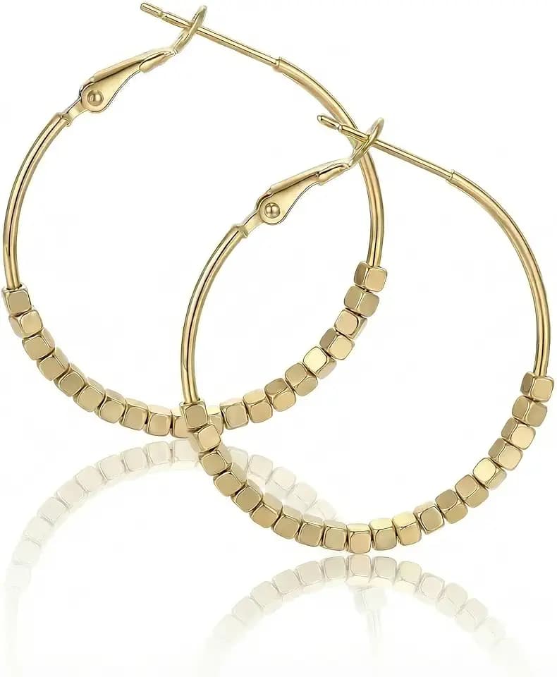 Elegant Gold Large Hoop Earrings for Women with Rotatable Bead Accents, Minimalist Dainty Catching Design Circle Earrings, Luxury Fashion Shiny Metal Jewelry for Daily/Commute/Dating