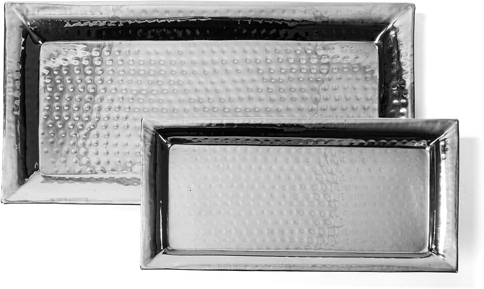 Silver Hammered Trays - Silver Serving Tray and Platters - Appetizer Tray - Chrome Platters (2 Pack Rectangle)