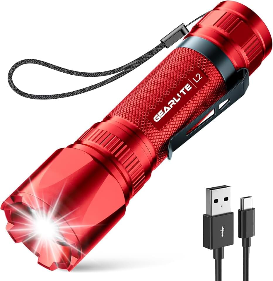 GEARLITE Taschenlampe Led Aufladbar, Superhelle Zoombare 3000 Lumen Mini Torch mit 3 Lichtmodi & Langer Betriebsdauer, IP65 Wasserdicht Taktische Handlampe für Camping Angeln Outdoor, Notfäll - Rot