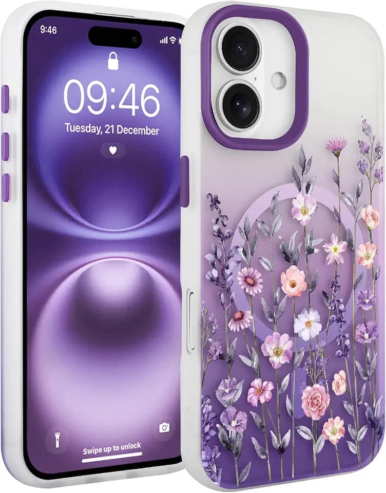 Magnetic for iPhone 16 Case for Women Girls, Purple Floral