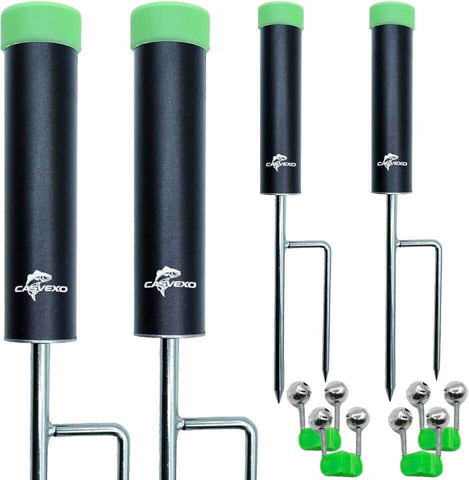 4 Pack Fishing Rod Holder, Aluminum Fishing Pole Holder for Ground, Rod Holders for Bank Fishing, Double Spike Support, 4 Free Alarm Bells