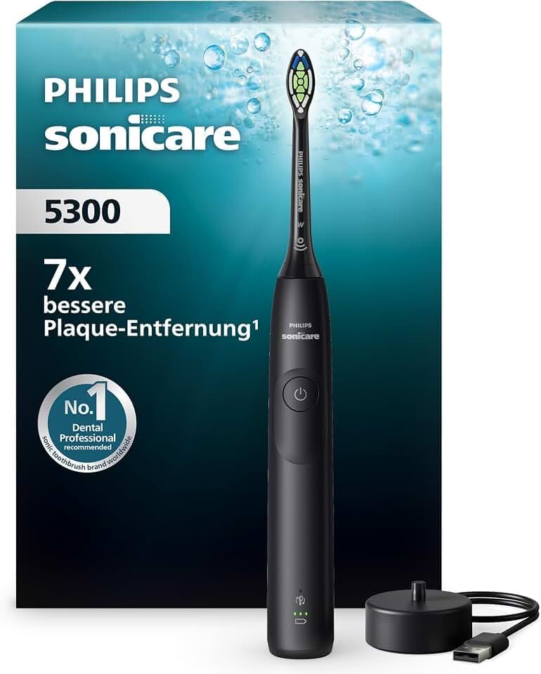 Philips Sonicare 5300 elektrische Zahnbürste, Schallzahnbürste mit 2 Intensitätsstufen, Andruckkontrolle, EasyStart, Smartimer und BrushPacer, Schwarz, Modell HX7101/01 [Neue Technologie]