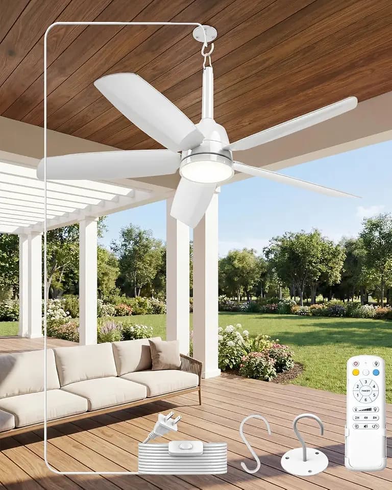 NWOP 28 Inch Plug-In Outdoor Ceiling Fan with Light and Remote, Waterproof Small Ceiling Fan for Patio Porch Balcony, 5 Blades Quiet Compact Ceiling Fan for Small Spaces (White)