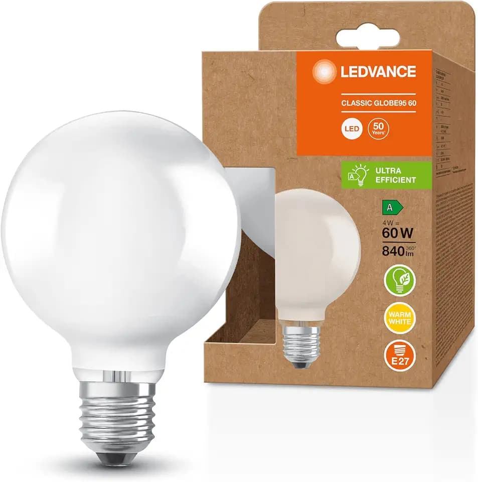 LEDVANCE LED Stromsparlampe, Matte Globe mit E27 Sockel, Warmweiß (3000K), 4 Watt, ersetzt herkömmliche 60W-Leuchtmittel, besonders hohe Energieeffizienz und stromsparend, 6er-Pack