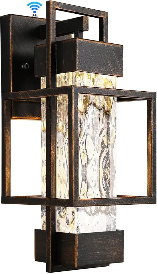 PARTPHONER Modern Outdoor Light Fixture Dusk to Dawn Outdoor Lighting, 15" H Exterior Wall Sconce Waterproof Porch Light, Outside Light for House with Water Glass for Garage Doorway Black Brushed Gold