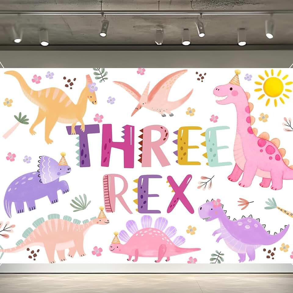 Pink Three Rex Birthday Party Decorations for Girl Dinosaur 3rd Birthday Party Banner Backdrop Jungle Leaves T-rex Dino Bday Photography Background 3 Rex Dinosaur Party Supplies Decorations