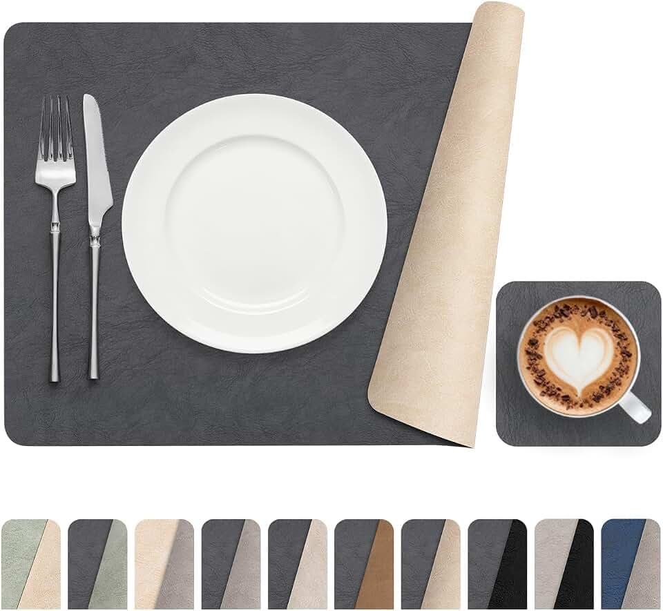 Platzsets abwaschbar Tischsets Untersetzer Platzdeckchen 6er Set | Tischsets abwaschbar Platzsets und Untersetzer Kunstleder hitzebeständig rutschfest Platzdeckchen (Dark Grau Beige)