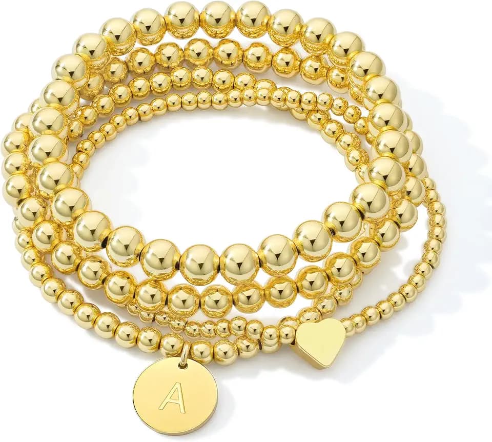 Howoo Gold Bracelets for Women Beaded Initial Bracelet Stack Dainty Heart Stretch Gold Charm Bracelet Jewelry for Women Trendy
