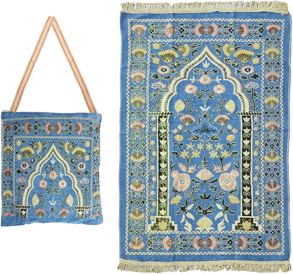 Anlising Muslimischer Gebetsteppich, Islamische Gebetsmatte mit Tragetasche, Teppich Beten Islam, Gebetsteppich Set (Blau)