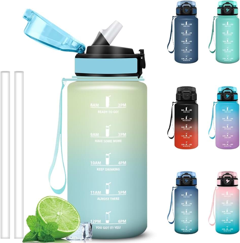 Grsta Trinkflasche 500ml Auslaufsichere, Trinkflasche Kinder mit Strohhalm, Wasserflasche mit Zeitmarkierung und Schnürung, Flasche mit Sichere Verriegelung für Schule, Camping, Sport