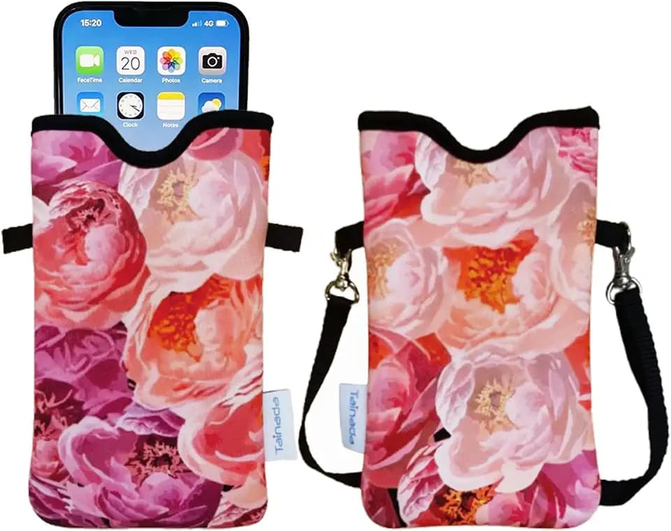 Tainada Neoprene Neck Phone Pouch Case w/Crossbody Strap (Red Pink Roses)