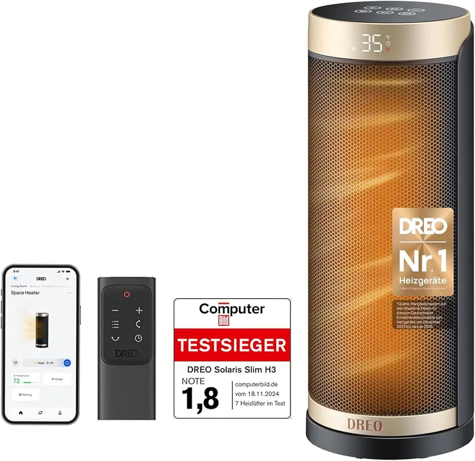 Dreo 2000W Smart Heizlüfter fürs Schlafzimmer, 16 Zoll Tragbarer Heizstrahler mit 70° Oszillation, Thermostat & Fernbedienung, 3 Modi, 3 Geschwindigkeiten, 12h Timer Elektroheizung für Räume