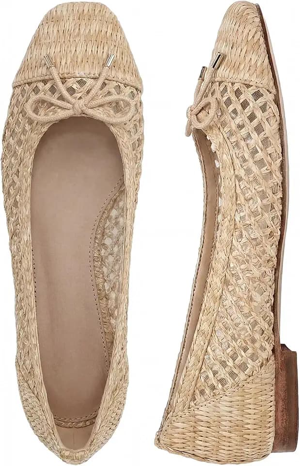 Woven Ballet Flats Shoes for Women Raffia Square Toe Dress Shoes with Bow Comfortable Slip on Flats Apricot Size 8