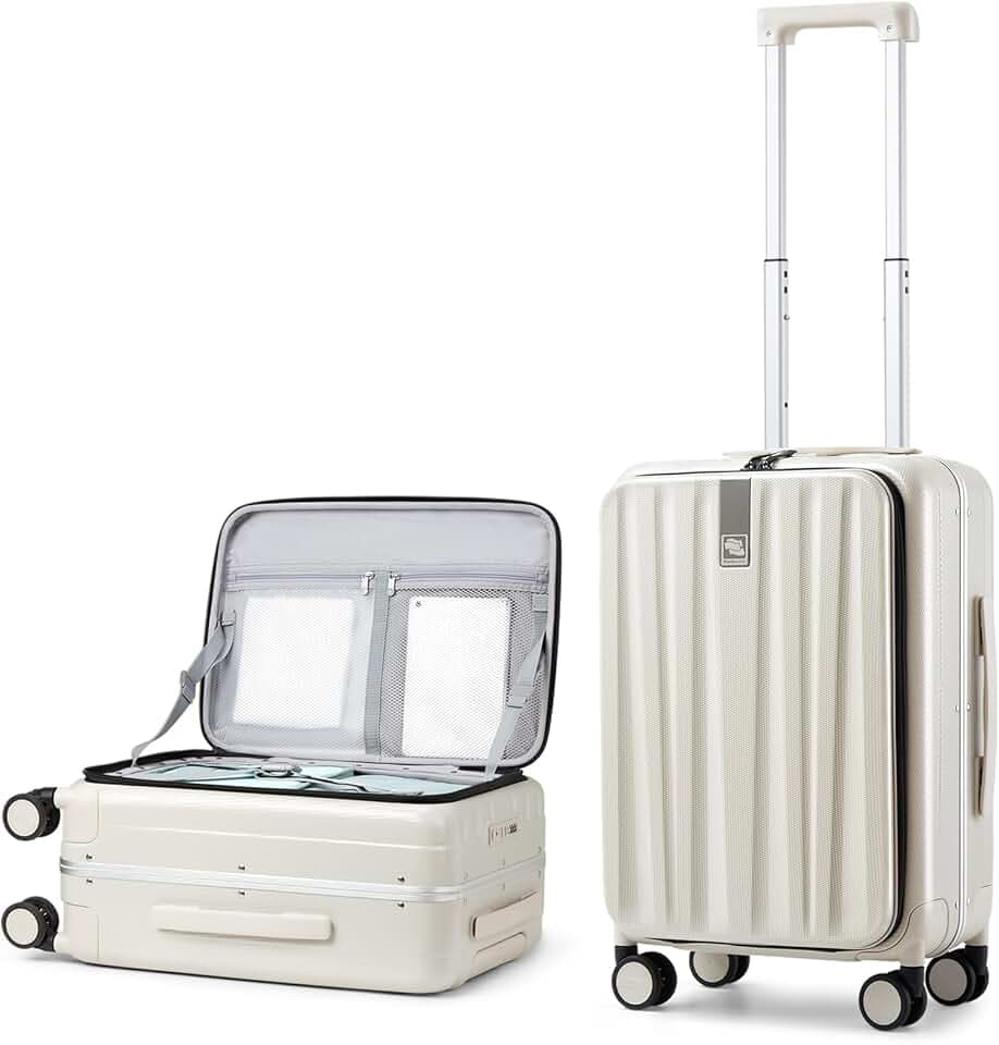 Hanke Handgepäck Koffer PC Hartschalenkoffer mit 360° Spinner Rädern Frontöffnung Reisekoffer Aluminium Koffer mit TSA-Lock 49x35,1x23,5 cm (40L), Elfenbein