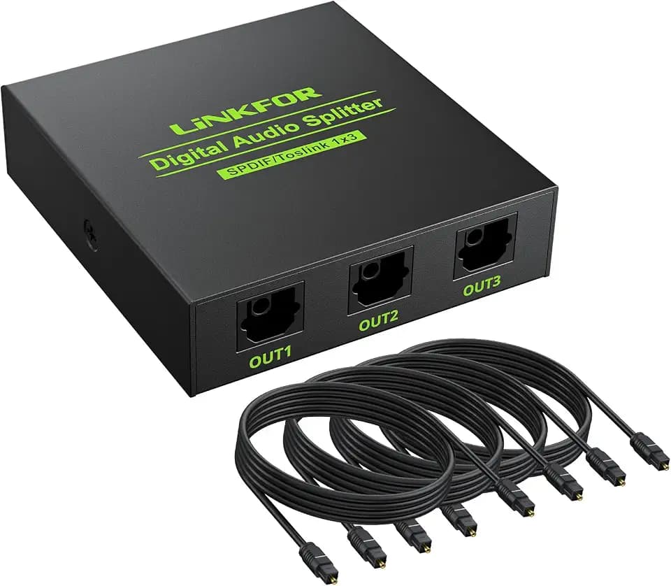 LiNKFOR Toslink Splitter 1x3 Optischer Splitter Digitaler Audio Splitter mit 3 Anschlüssen SPDIF Aluminiumlegierung unterstützung LPCM 2.0 DTS Dolby-AC3 mit 4X 6,5ft Optischen Kabel