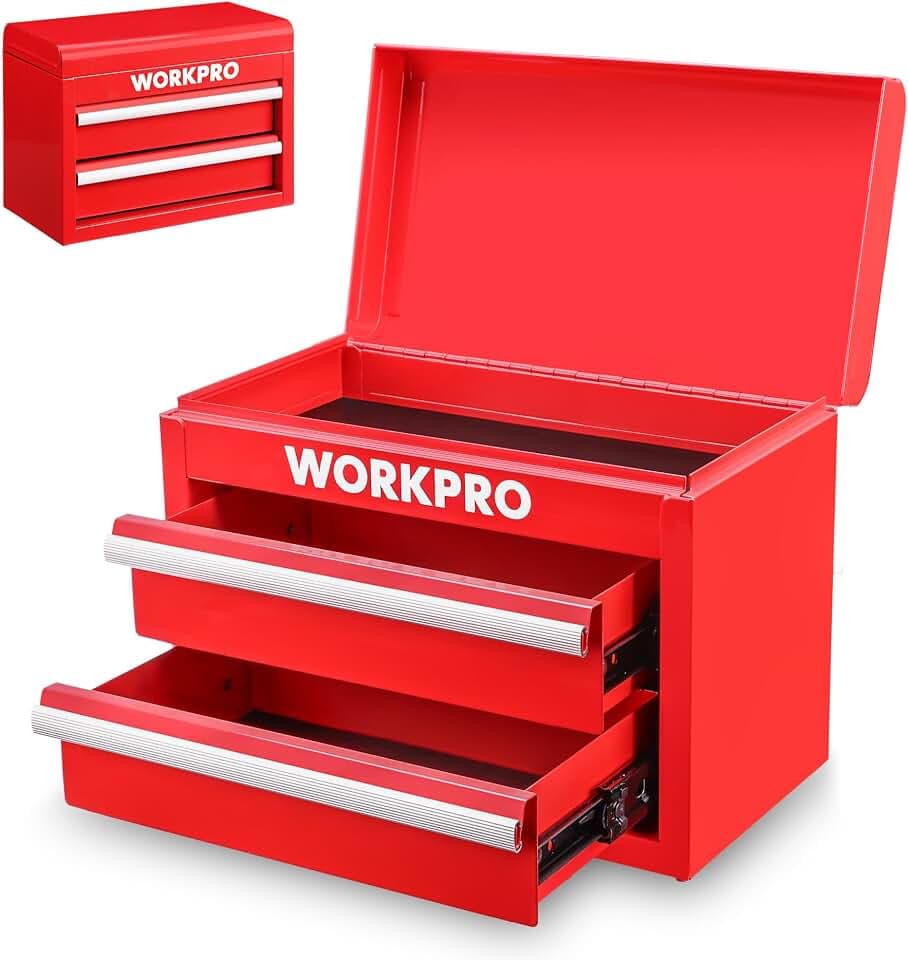WORKPRO Metal Mini Tool Box with 2 Drawers and Top Storage