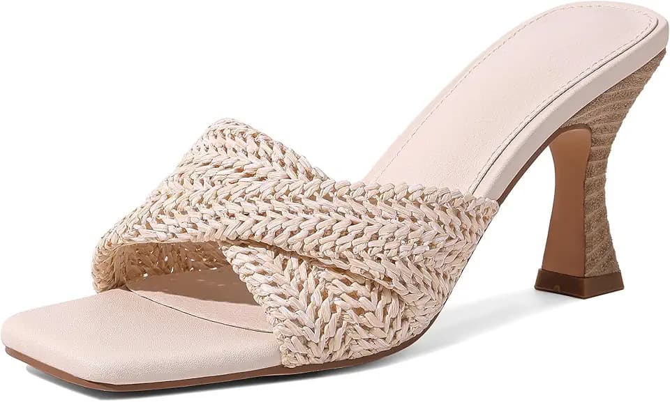Raffia Heeled Sandals for Women Stiletto Slip On Mule Heels Open Square Toe