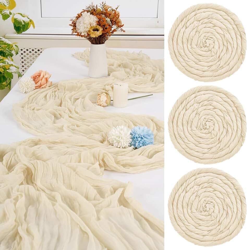 3 Stück Elfenbein Tischläufer,55 x 300 cm Cheesecloth Tischläufer